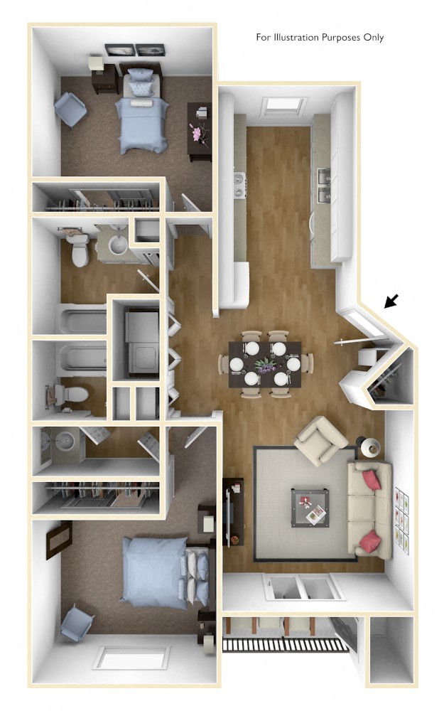Floor plan for 2 beds, 2 baths, 1001 sqft